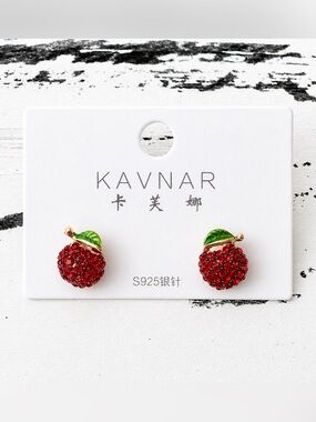 Red Crystal Apple Stud Earrings with Green Leaf Accent